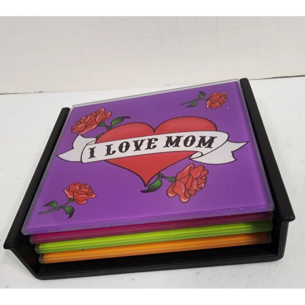 Mothers Day Gift I Love Mom Glass Coasters Hearts Roses Set Of 4 W/Case TMD